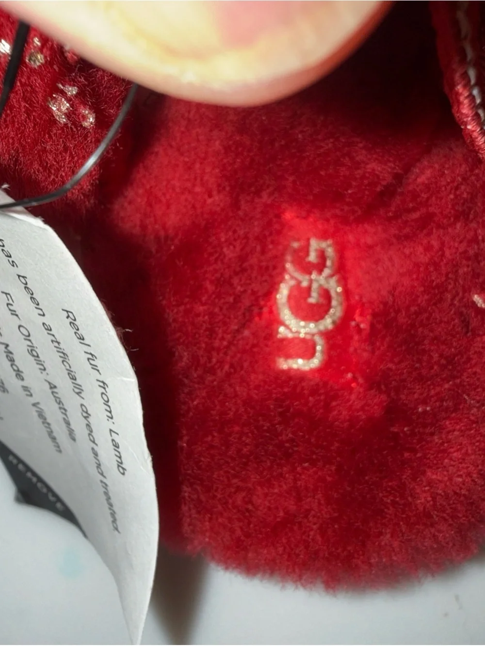 UGG K Fluff  Slide Red Lamb Fur Logo Strap Toddler Slippers US 2/3 RN1125950I
